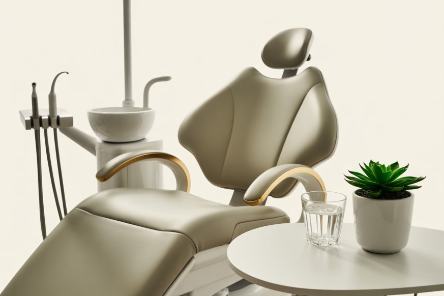 Pijnloze tandartsbehandeling in een moderne, minimalistische behandelkamer.