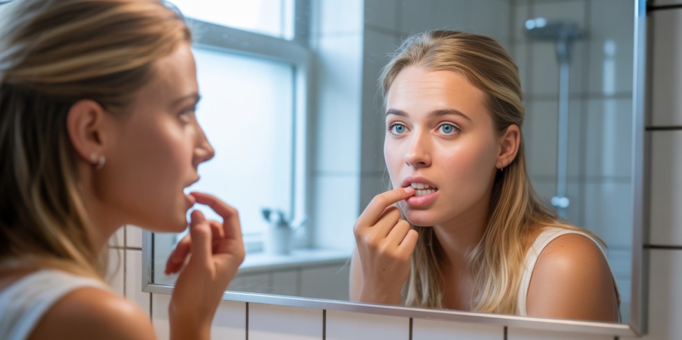 Een mooie Nederlandse vrouw kijkt in de spiegel naar haar tanden en tandvlees.