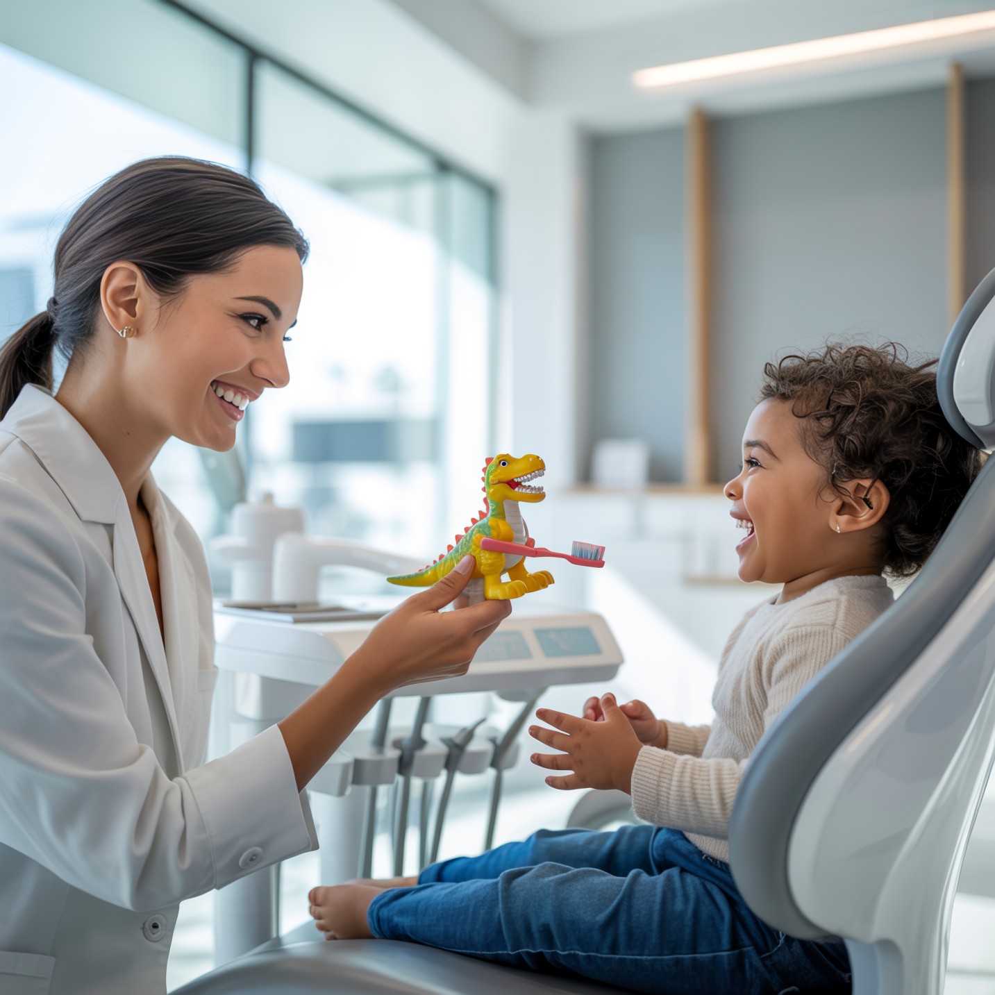 A female dentist in a modern pediatric clinic demonstrates tooth brushing using a small dinosaur toy.