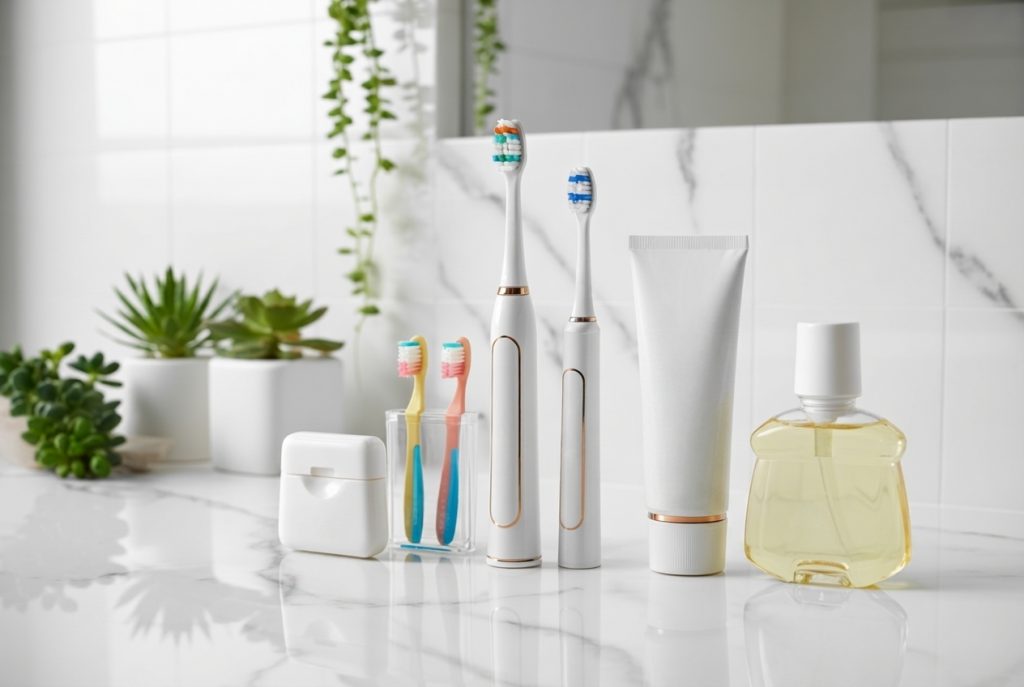 Een verzameling van benodigde hulpmiddelen voor mondgezondheid, waaronder een elektrische tandenborstel, zachte handtandenborstel, interdentale borsteltjes, fluoride tandpasta en mondspoeling, netjes gerangschikt op een schoon, modern badkamerblad, met witte, grijze en gouden tinten. Achter de hulpmiddelen bevindt zich een eenvoudige checklist voor mondverzorging.