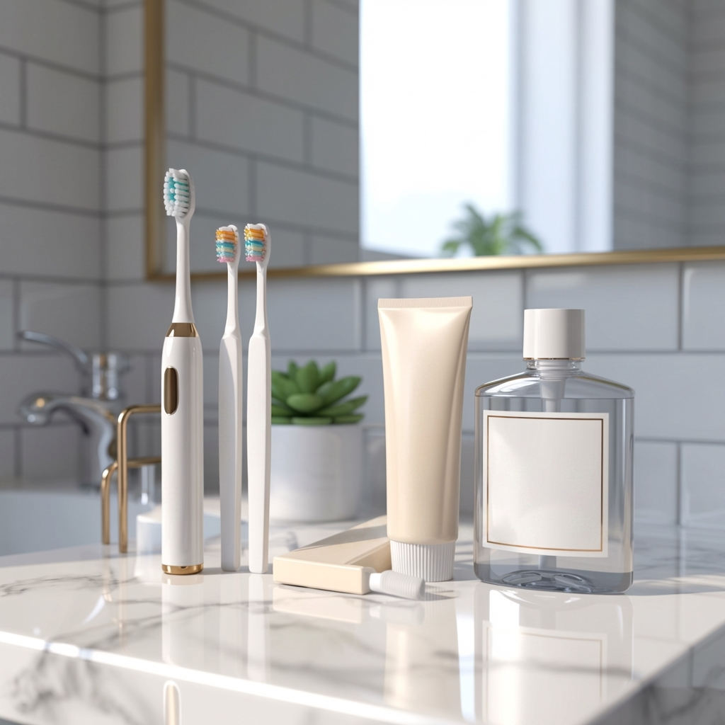 Een verzameling van benodigde hulpmiddelen voor mondgezondheid, waaronder een elektrische tandenborstel, zachte handtandenborstel, interdentale borsteltjes, fluoride tandpasta en mondspoeling, netjes gerangschikt op een schoon, modern badkamerblad, met witte, grijze en gouden tinten. Achter de hulpmiddelen bevindt zich een eenvoudige checklist voor mondverzorging.