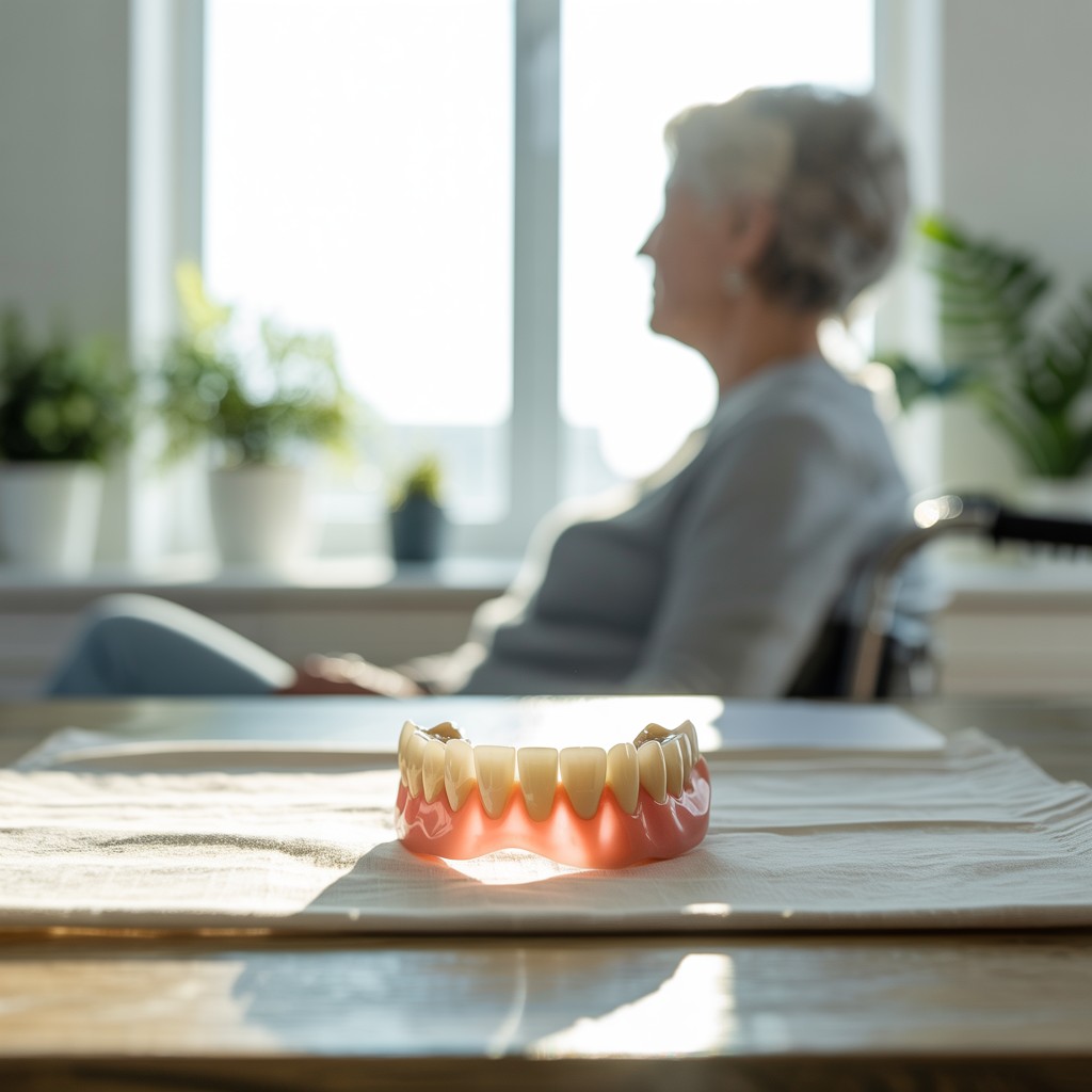 "Een vrouwelijke tandarts houdt een dentuurmal in haar hand met een lichte glimlach en een professionele uitstraling, met een kalme achtergrond in wit, grijs en goud. De dentuurmal is precies zoals in de referentieafbeelding."