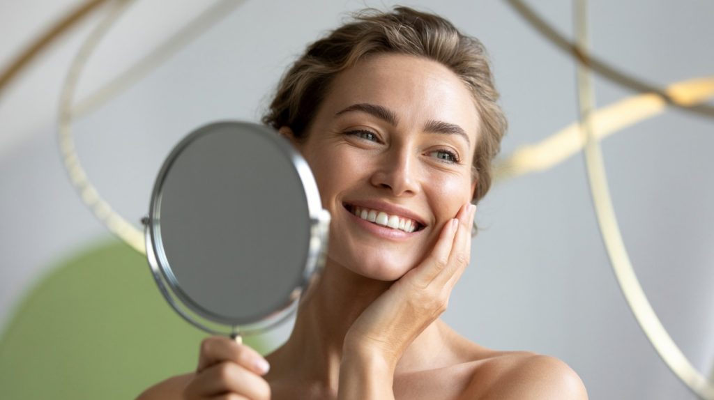 A beautiful European woman smiles at her reflection in a handheld mirror. The image features a clean and minimalistic aesthetic, with soft lighting and subtle accents of light grey, gold, and green.