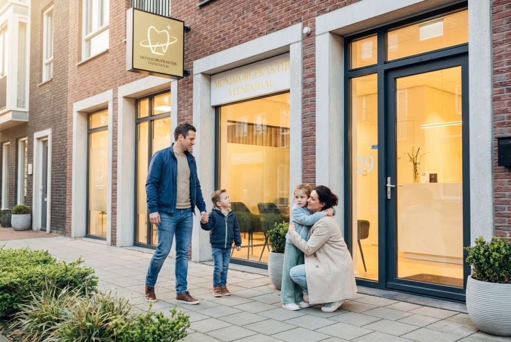 "A father holding his son's hand, walking towards the dental clinic, providing support and calmness to ease the child's fear of the dentist."