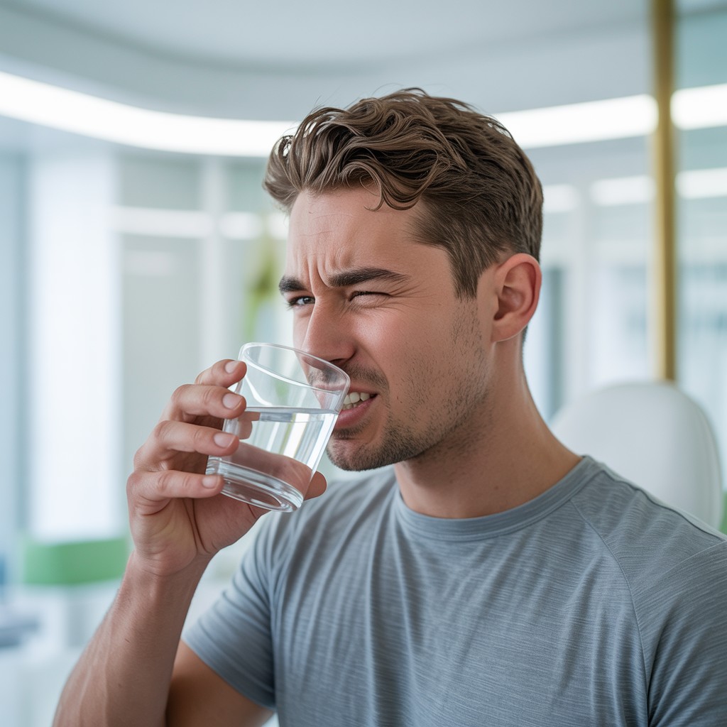 Mannelijke patiënt met gevoelige tanden die reageert op koude drank met lichte pijnreactie