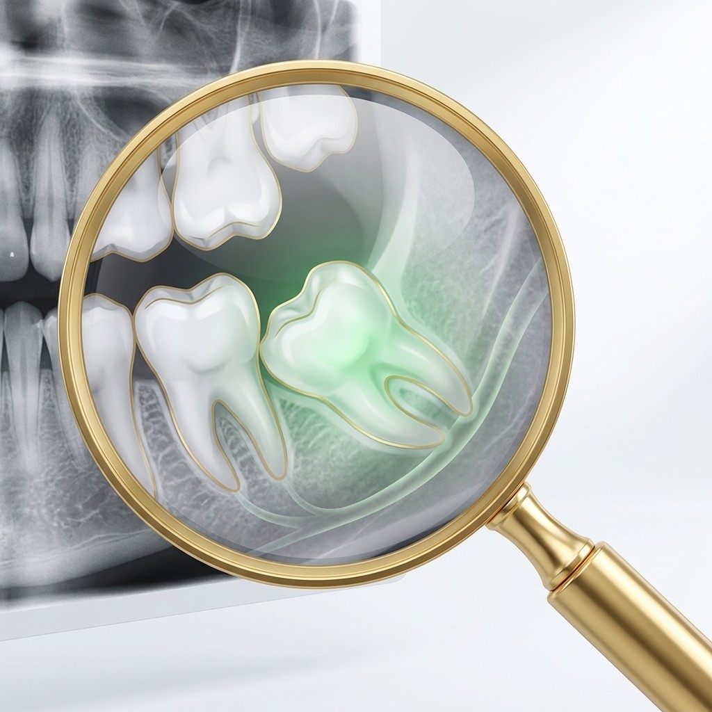 "Detailed magnification of an X-ray showing the lower right wisdom tooth, highlighting its impact on adjacent teeth. A clean, professional, and clinical image showcasing the structure of an impacted wisdom tooth.