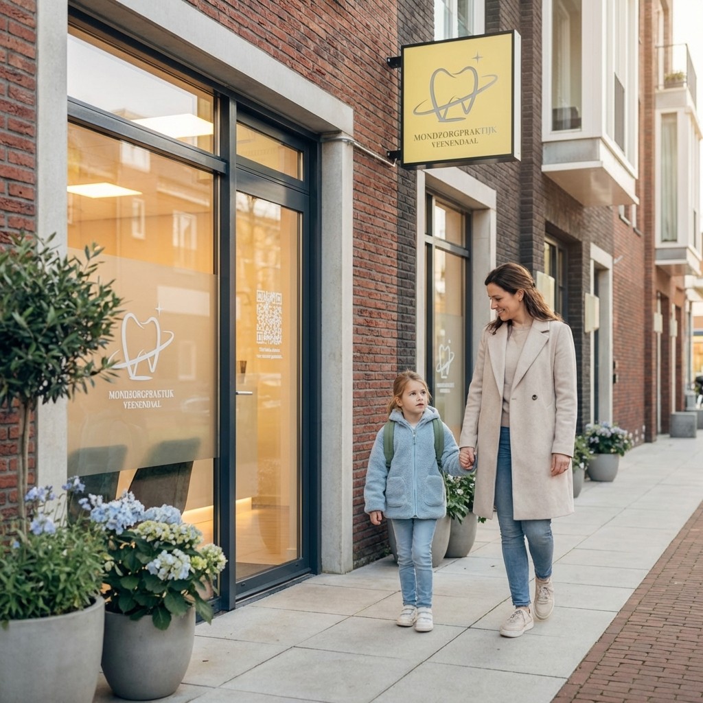 "A mother holding her young daughter's hand, walking towards a dental clinic, offering comfort and reassurance to help her overcome dental anxiety."