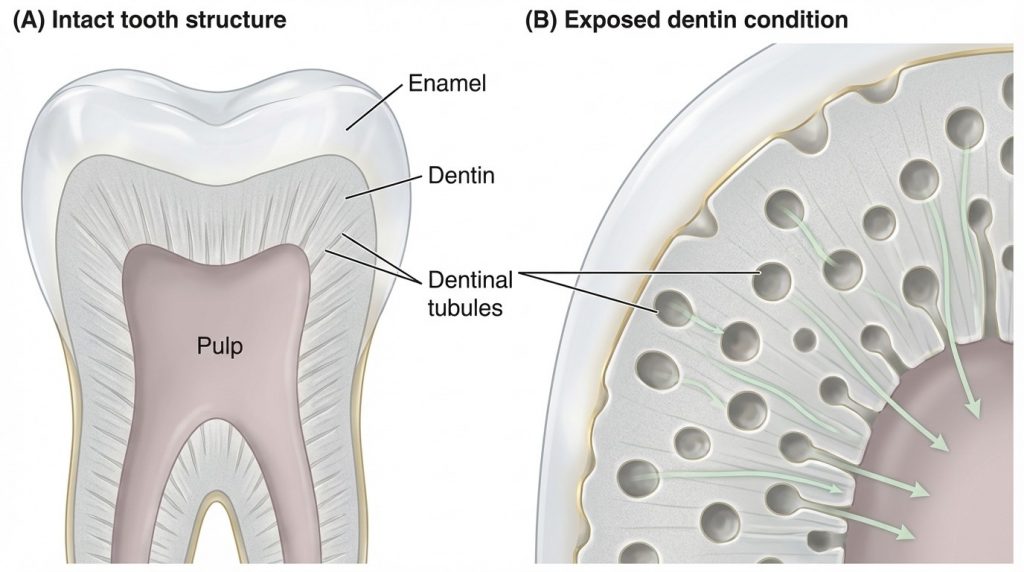 Wetenschappelijke dwarsdoorsnede van een tand met zichtbaar glazuur, dentine en open dentinetubuli bij tandgevoeligheid