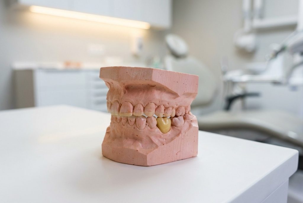 "Een vrouwelijke tandarts houdt een dentuurmal in haar hand met een lichte glimlach en een professionele uitstraling, met een kalme achtergrond in wit, grijs en goud. De dentuurmal is precies zoals in de referentieafbeelding."