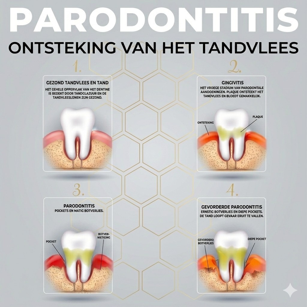Diagram die de stadia van parodontitis laat zien, van gezond tandvlees tot ernstig botverlies rond de tandwortel.