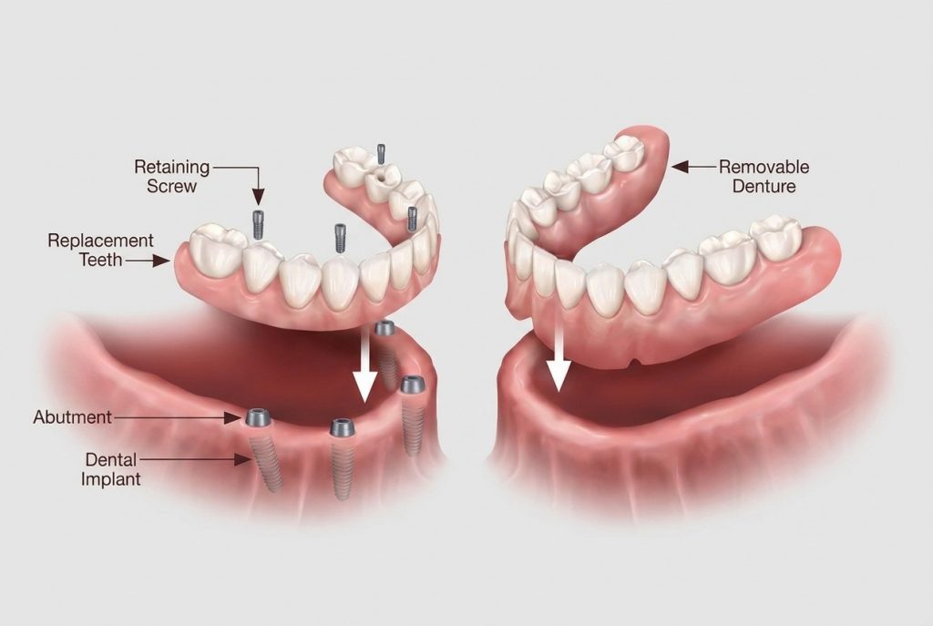 Vergelijking tussen een traditioneel loszittend kunstgebit en een stabiel klikgebit op implantaten.