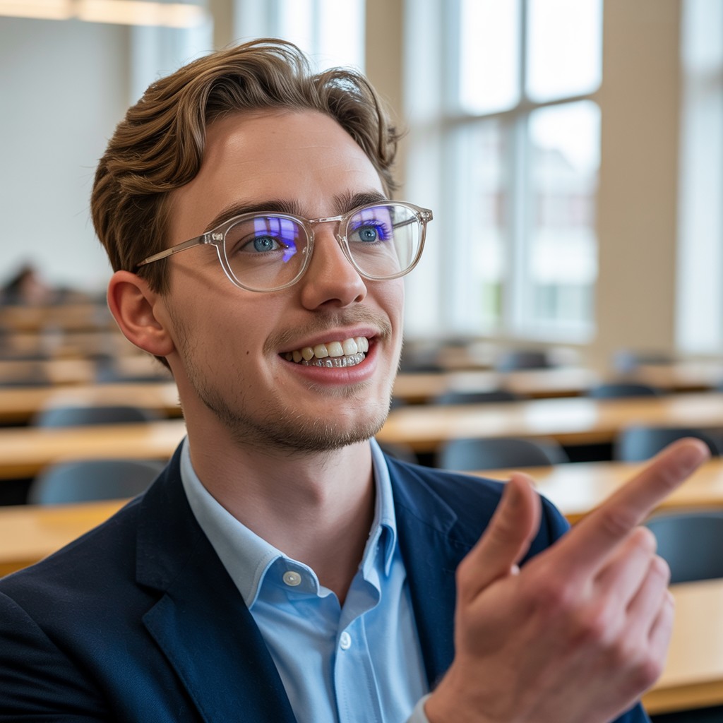Een mannelijke student op de universiteitscampus met een onzichtbare beugel (aligner) op zijn tanden